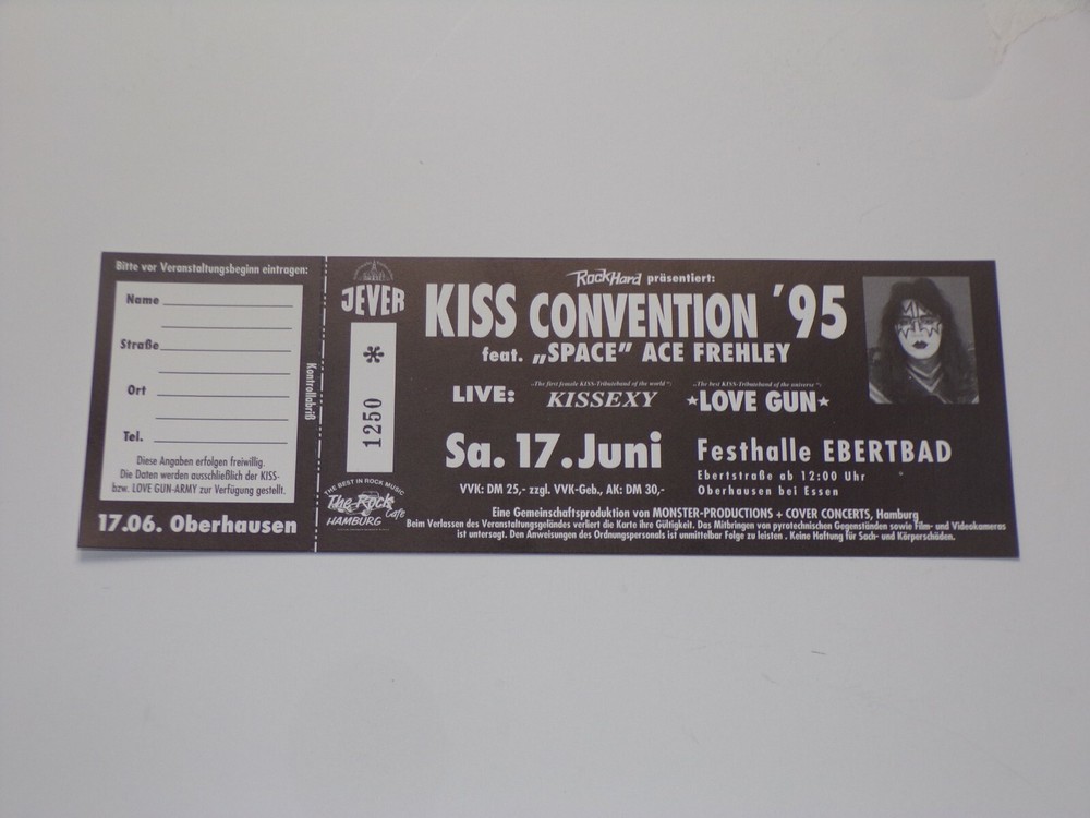 KISS Full Ticket Stub ACE FREHLEY Kiss Convention 1995 Germany Vintage Kiss