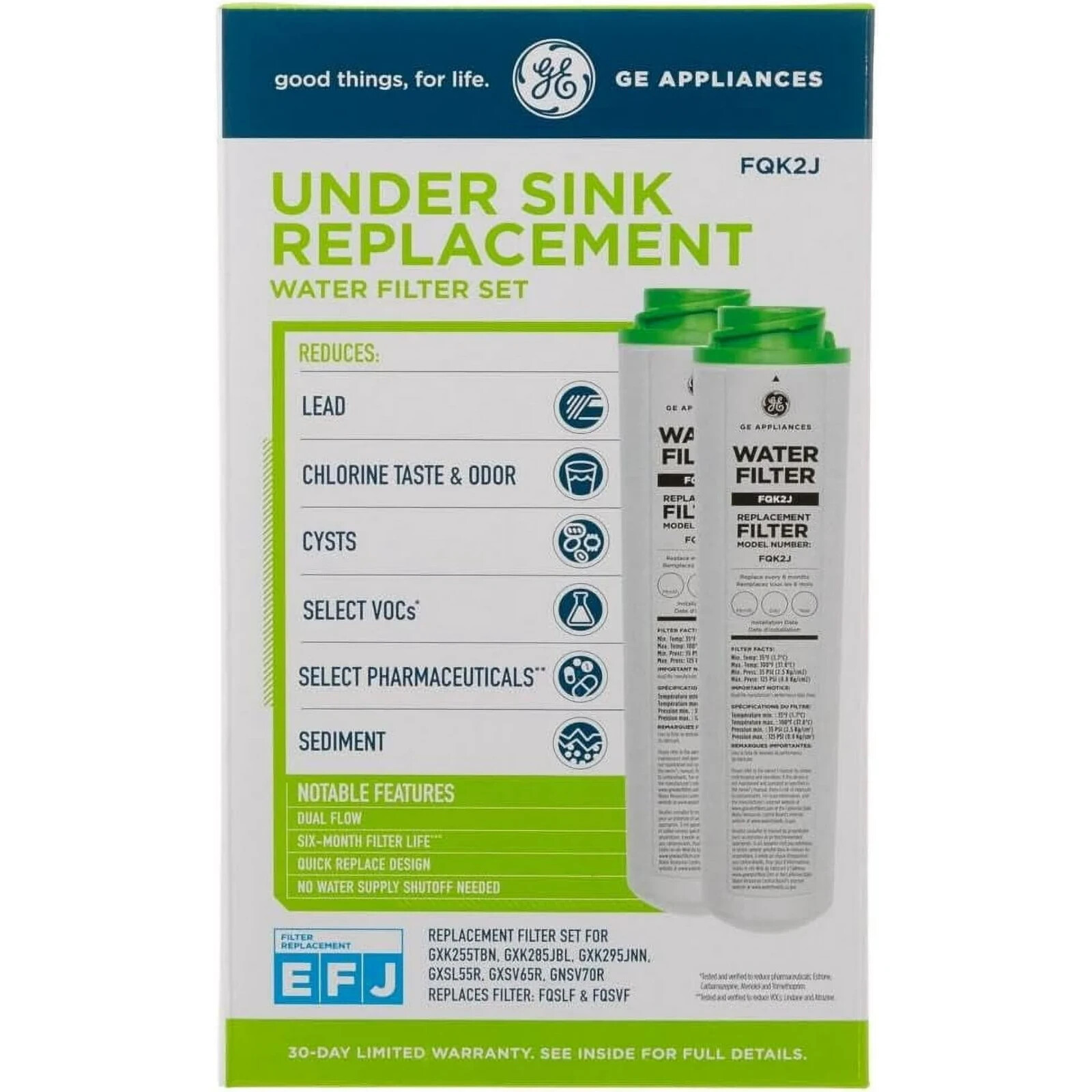 2 Pack GE FQK2J Dual Flow Replacement Under Sink Water Filters(green) usa