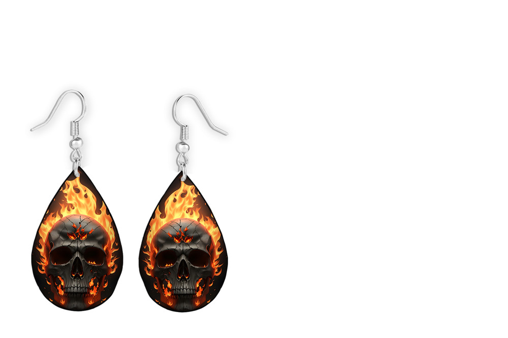 Flaming Fire Skull Teardrop Earrings