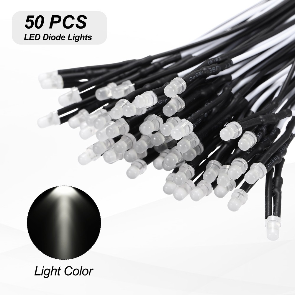 50pcs 3mm LED Diode Lights, White Light DC 12V for Electronics