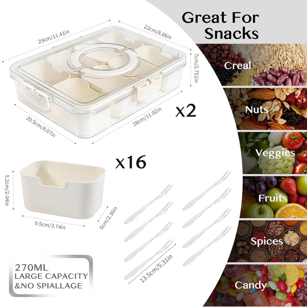 Dunruz Snackle Box 2 Pack-8 Compartments, Transparent and white