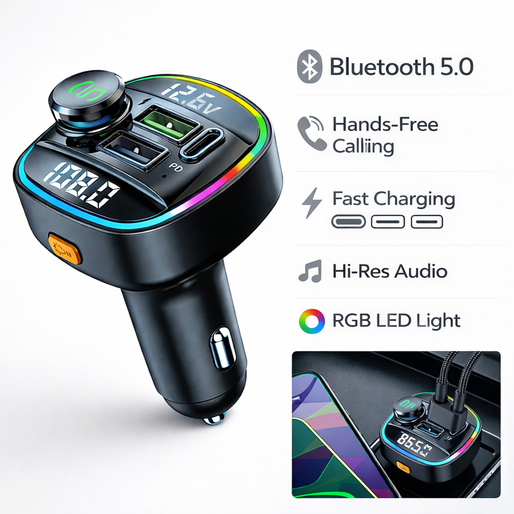 Bluetooth 5.0 Car FM Transmitter Adapter Hands-Free Dual USB Charger AUX Audio