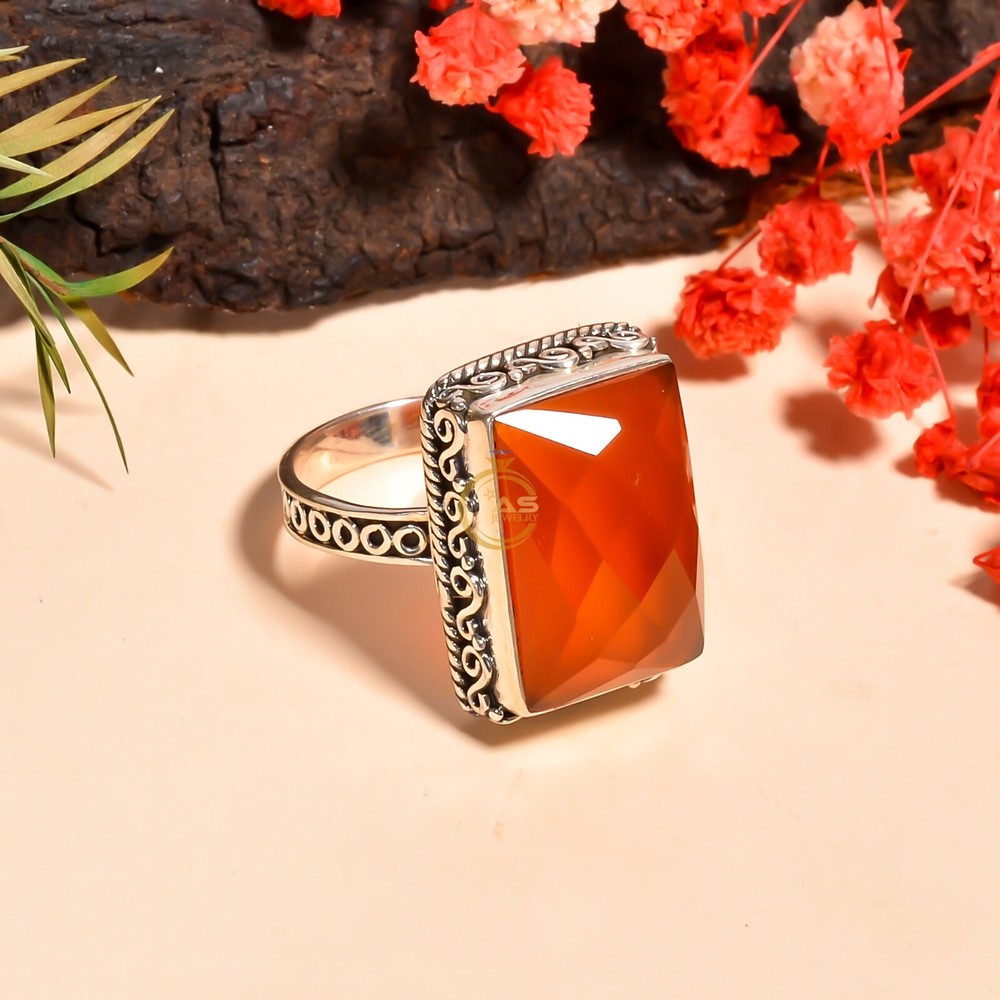 Orange Carnelian Cut Stone Ring 925 Sterling Silver Handmade Statement Boho Ring