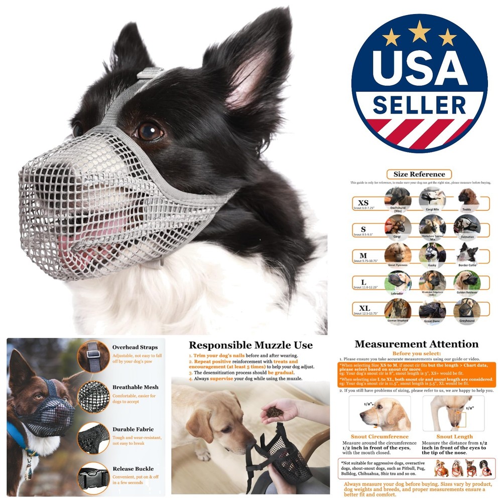 Woven Dog Muzzle, Breathable Mesh Guard for Medium & Large Dogs, Grey M