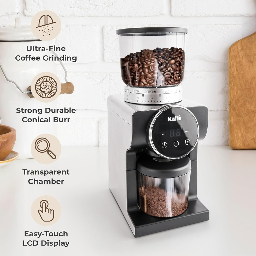 Kaffe Electric Burr Coffee Grinder - 31 Coarseness Settings, Touch Screen Timer