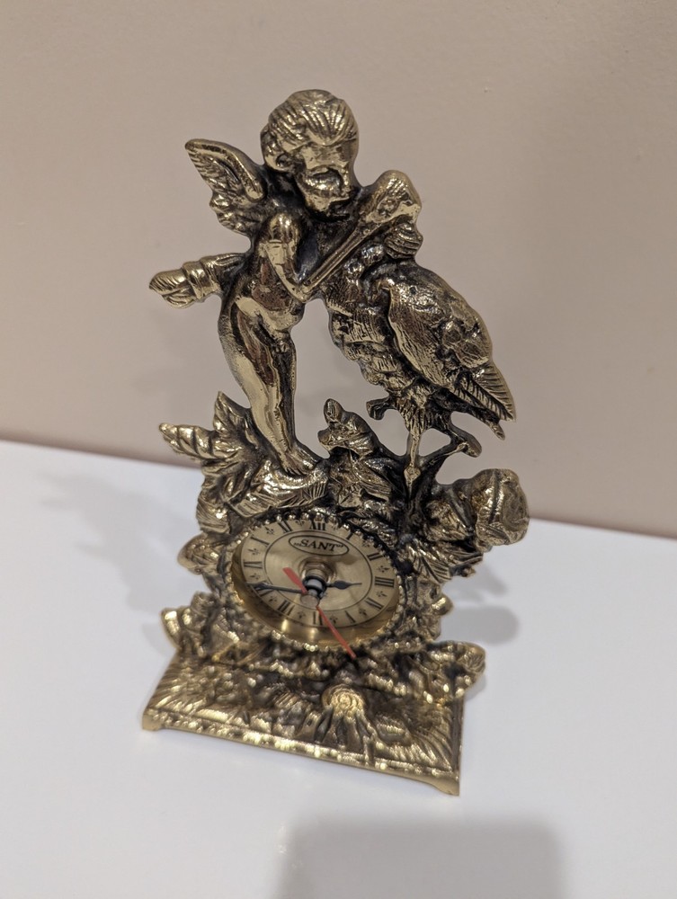 Cupid And Stork Brass Decorative Mantle/Table Clock - Working Condition