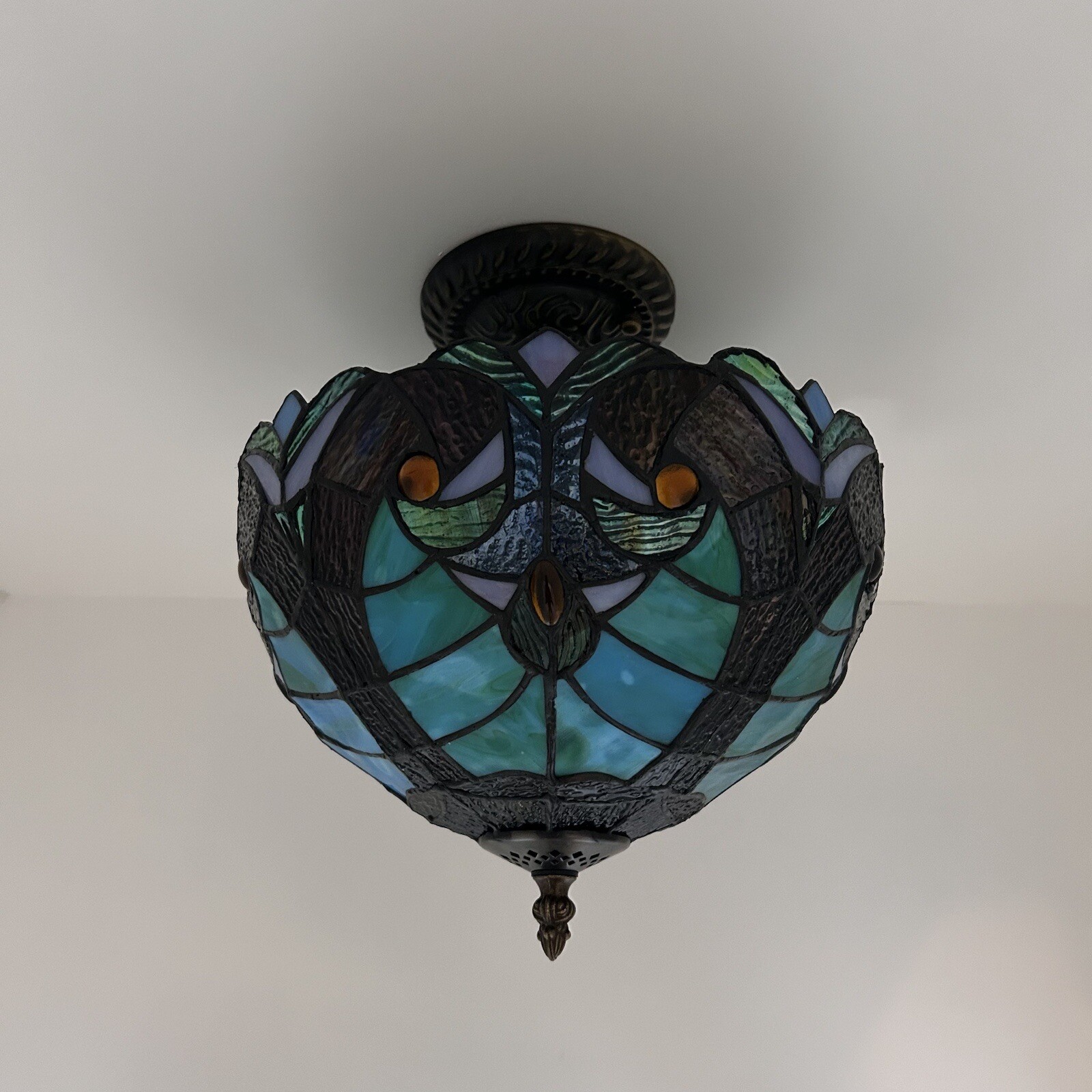 Tiffany Style Ceiling Light Fixture Green Brown Stained Glass LED Bulbs 12"H12"W