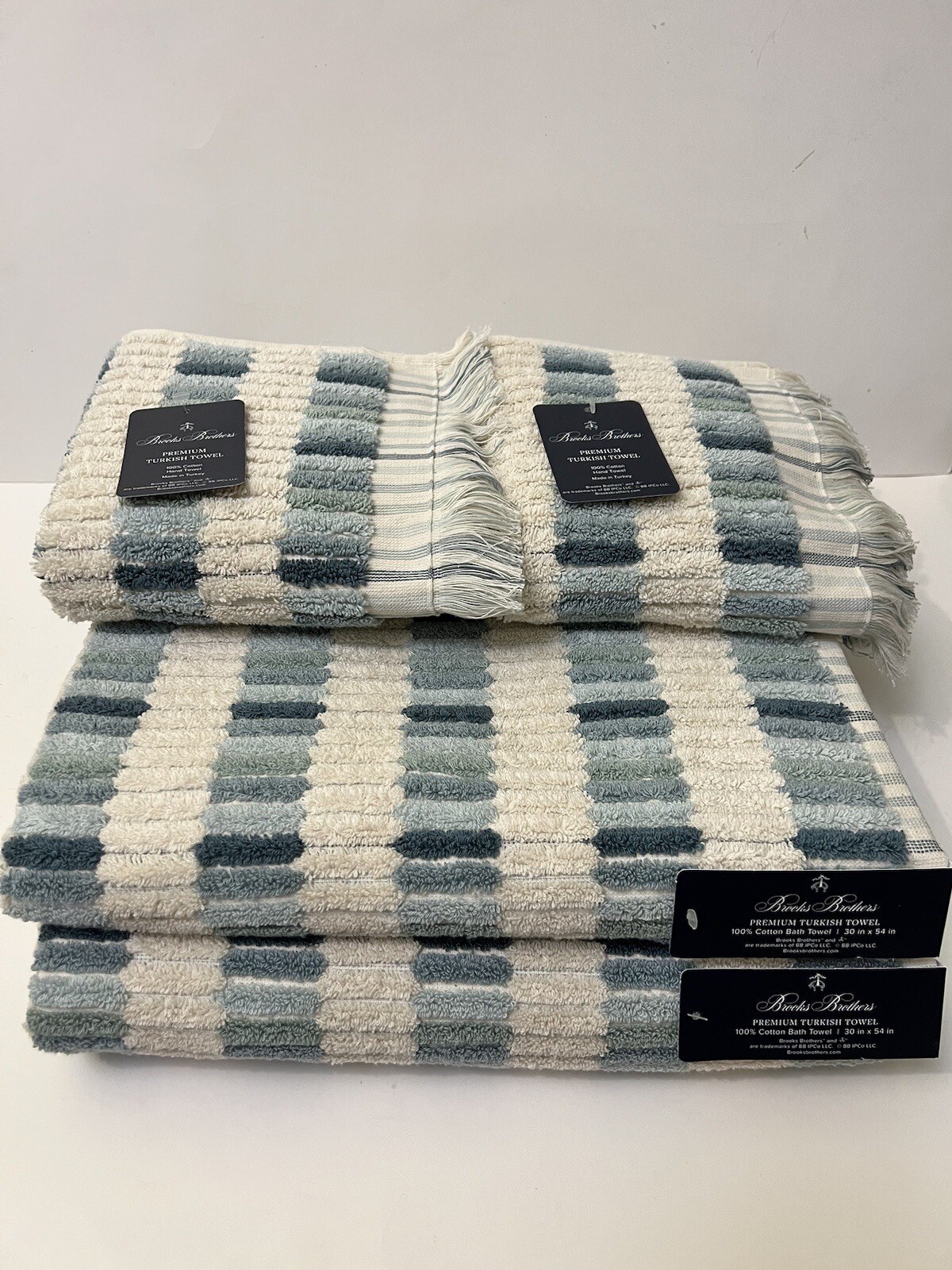 Brooks Brothers 2 Bath 2 Hand Premium Turkish Towel Set Tiles Ocean Blues Ecru