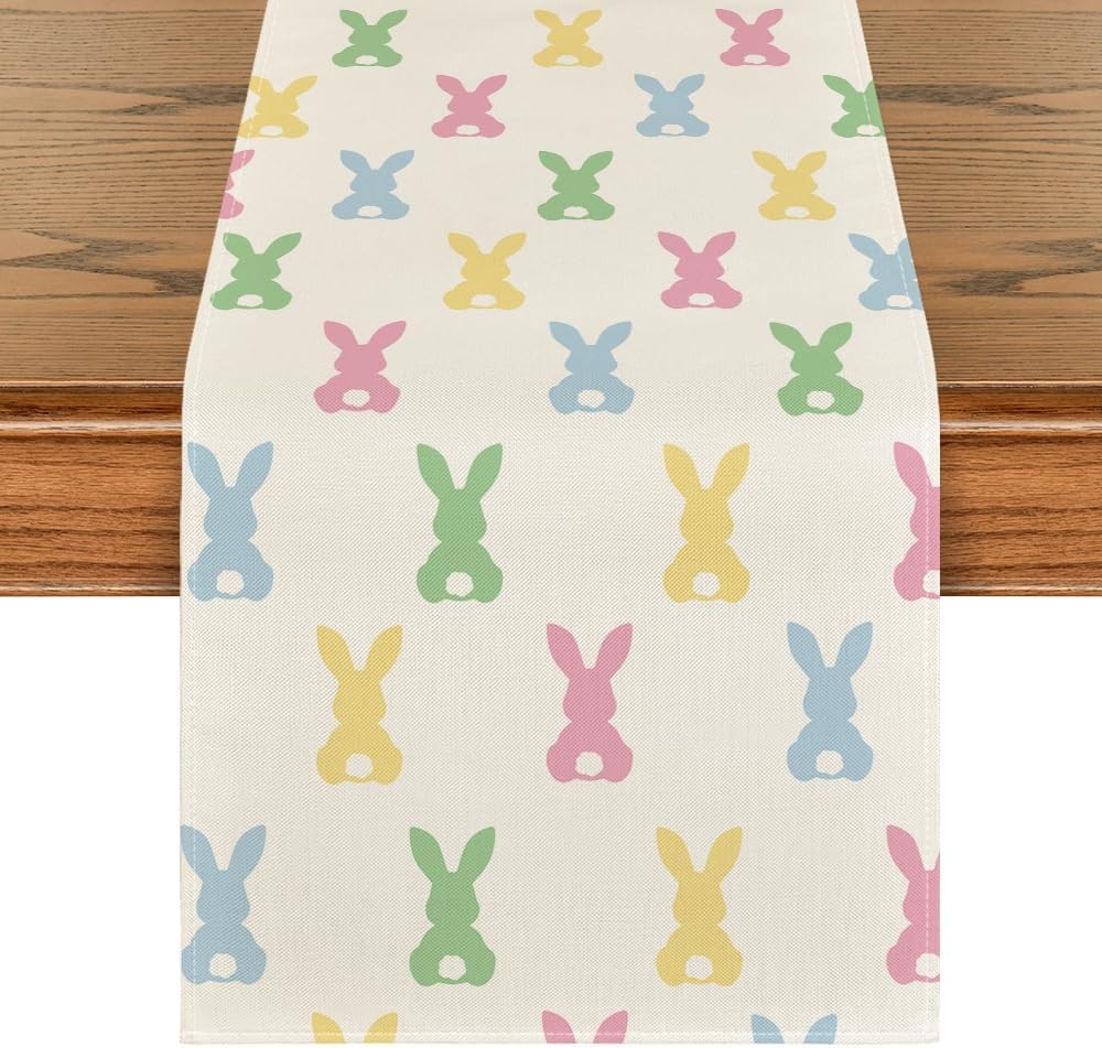 Artoid Mode Green Pink Bunny Rabbit Easter Table Runner, Spring Kitchen Dining T