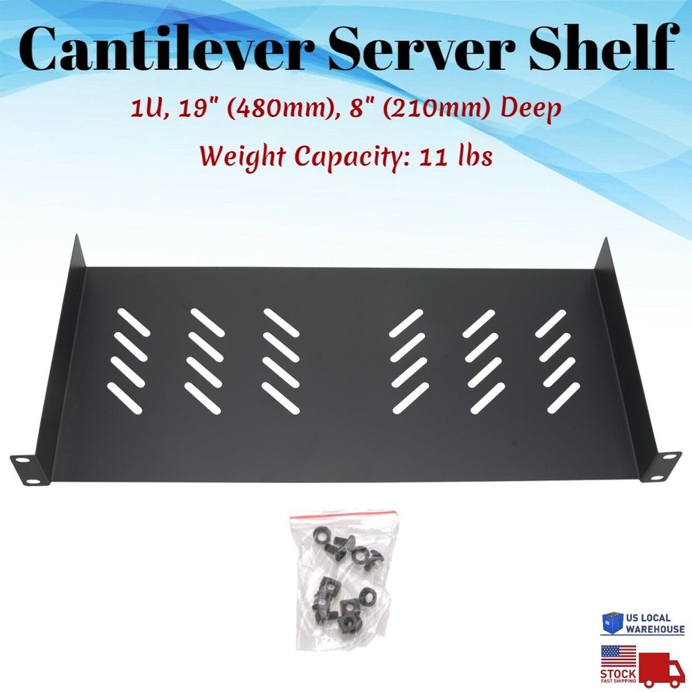 1U 19" Server Shelf Tray Vented Rack Mount Cantilever 8.27" Deep Depth Network