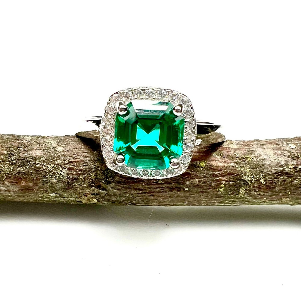 Lab Made Emerald Engagement Ring Solid Sterling Silver 925 , May birthstone