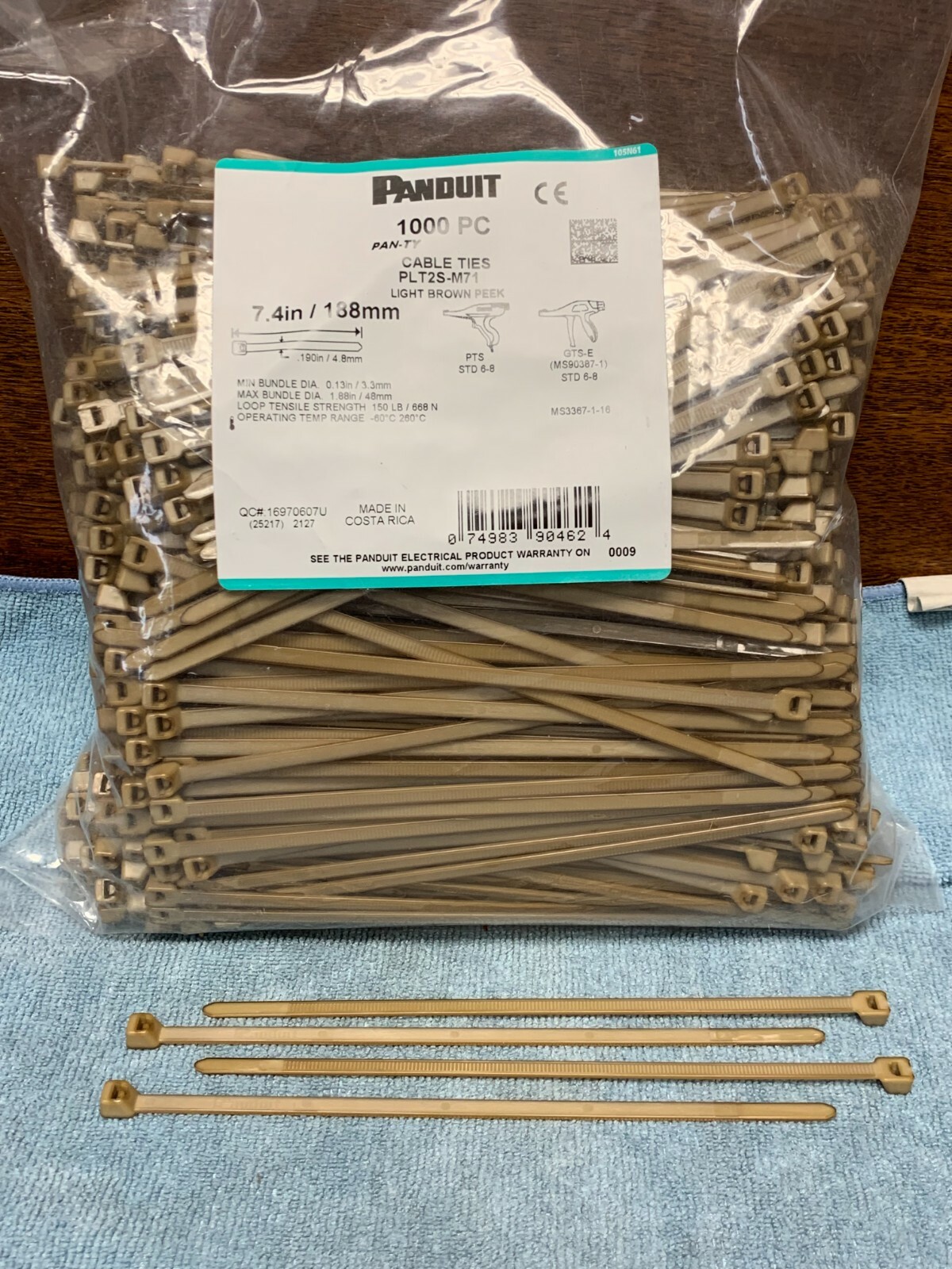 PEEK Cable Ties, High Heat 500F, 150lb, 7.4", Polyetheretherketone, Zip Tie, ea.