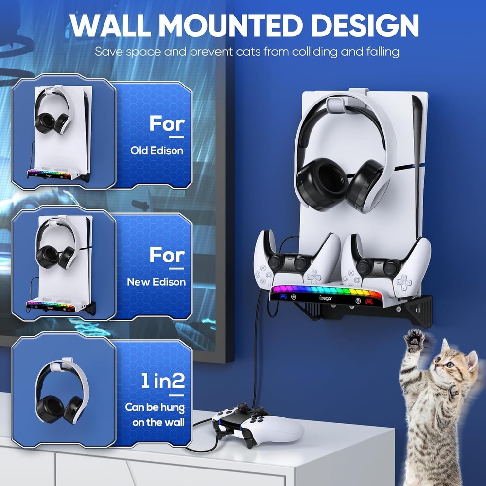 Wall Mount Bracket Charging Dock with RGB LED Light for PS5 PRO/PS5 Slim/PS5
