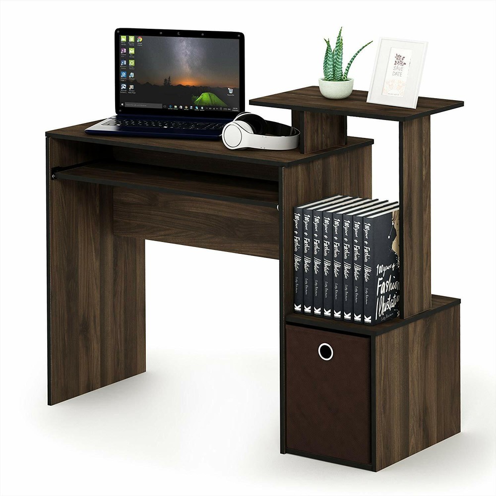 Walnut Finish Student Desk Storage Bin Laptop Computer Table Office Workstation
