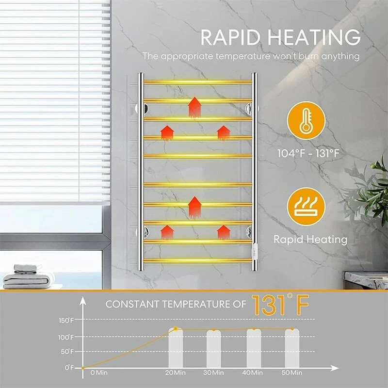 Electric Heated rack towel Warmer 10 Stainless Steel Bars Drying Bathroom silver