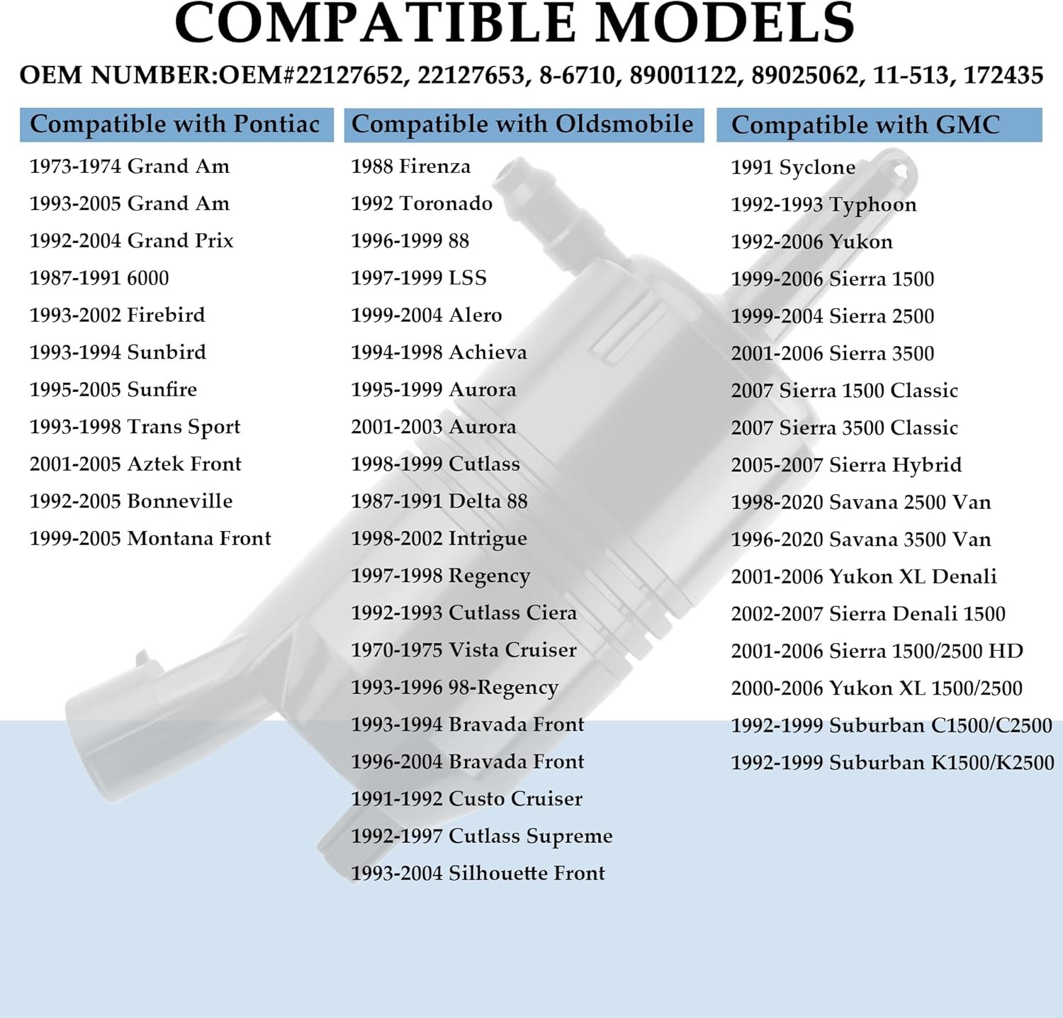 Windshield Washer Pump Replacement OEM#22127652,22127653 with Grommet,Windshield