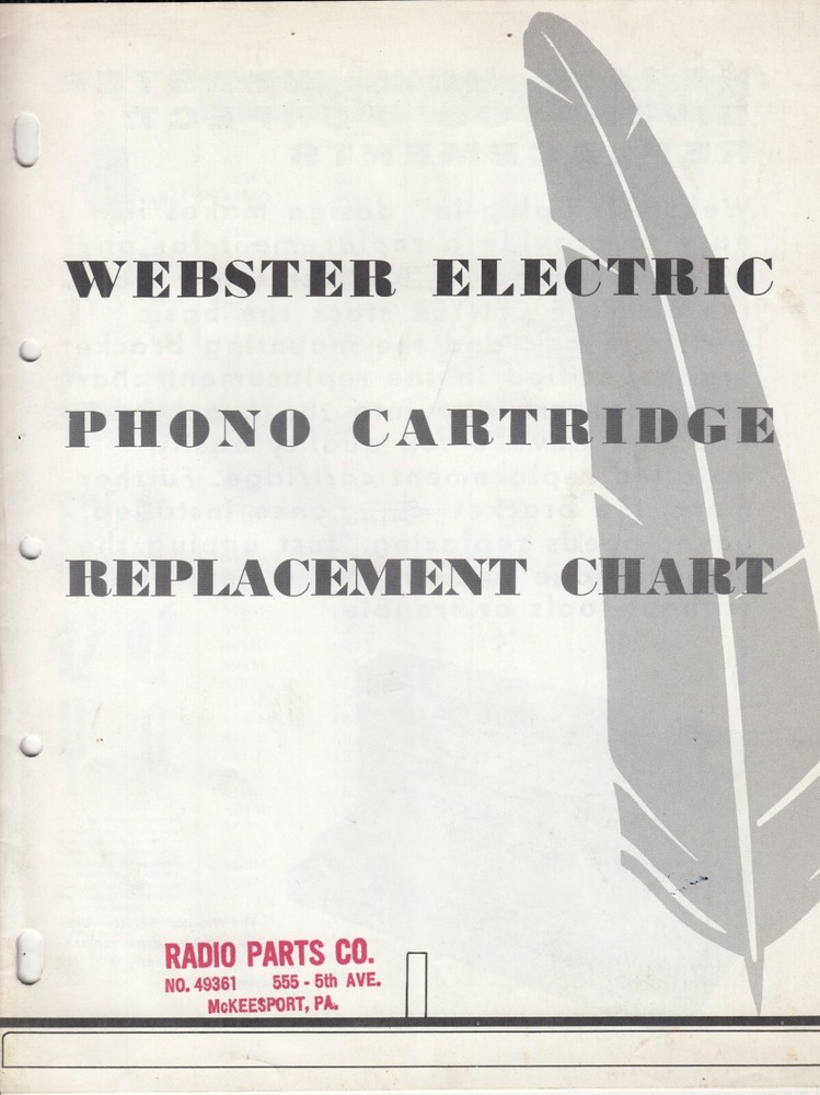 RARE WEBSTER ELECTRIC PHONO CARTRIDGE REPLACEMENT CHART - PHONOGRAPH
