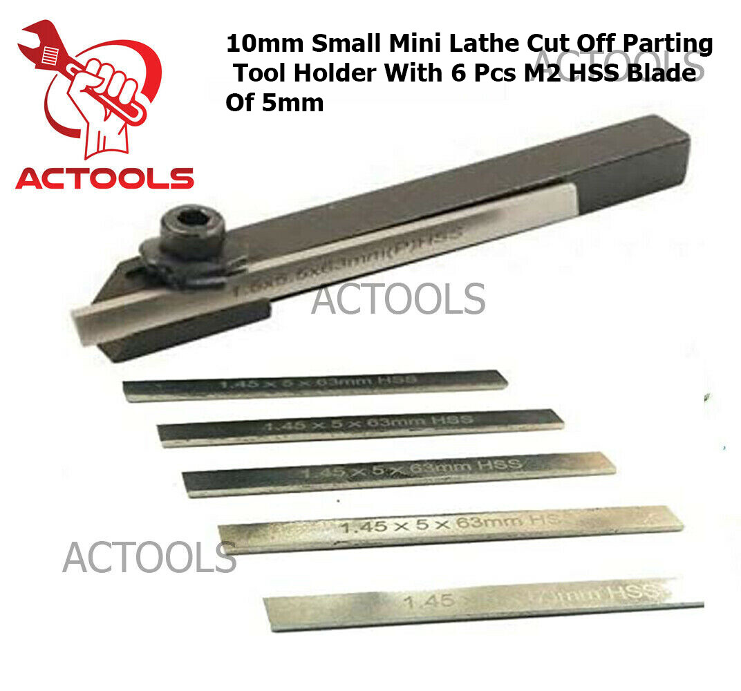Small Mini Lathe Cut Off Parting Tool Holder 10mm With 6 Pcs M2 HSS Blade Of 5mm