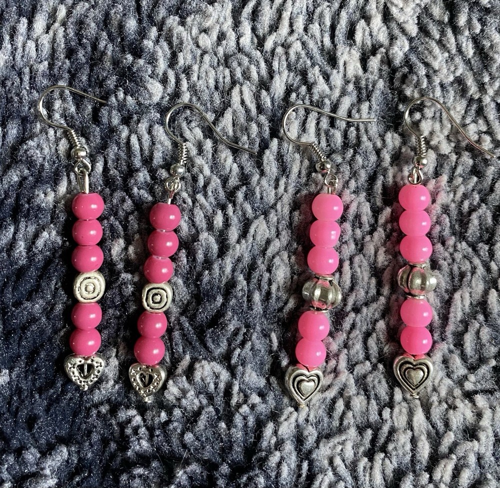 Handmade Pink & Silver Beaded Dangle Drop Earrings Set (2)