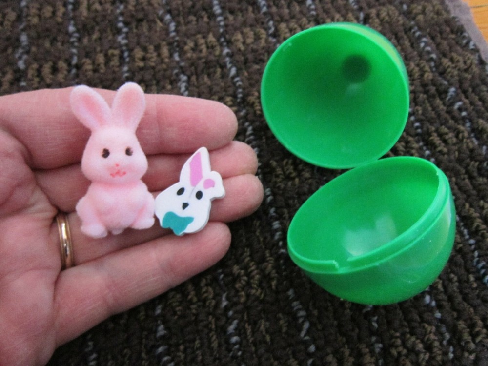 Easter Bunny Tiny Pink Flocked & Rabbit Head Eraser UNUSED in Plastic Egg