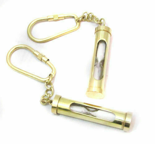 2 x Solid Brass Mini Maritime Sand Timer Key Chain Ring Nautical Pirate hourglas