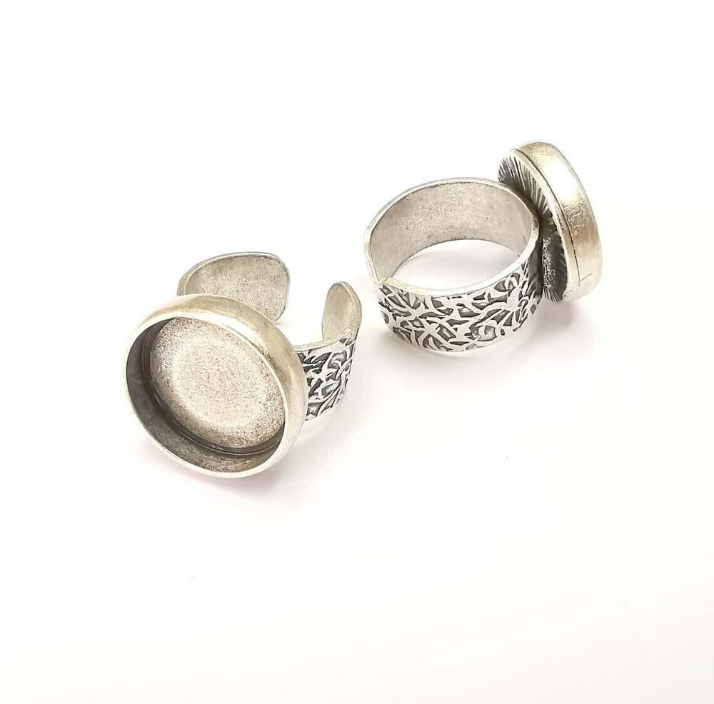 Round Antique Silver Ring Blank Setting, Cabochon Mounting Adjustable Resin Ring