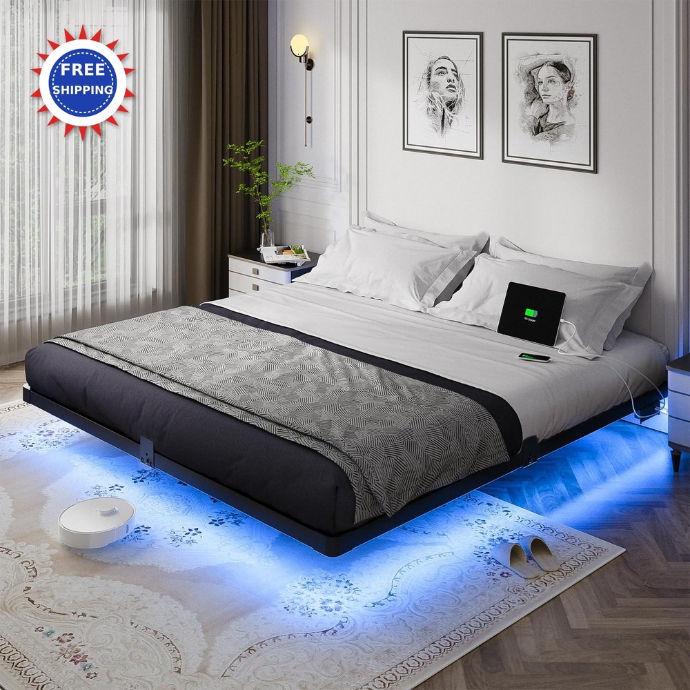 Floating Bed Frame King Size Metal Platform LED Light Charging Station OLEVS