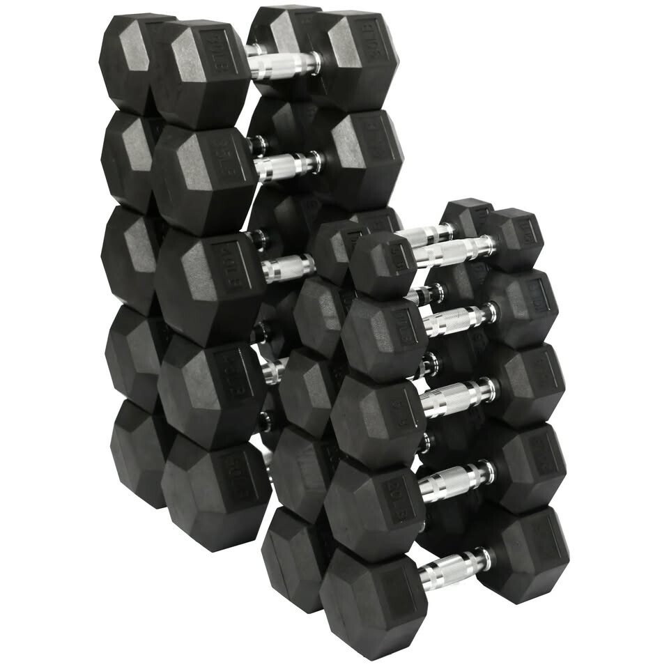 Rubber Hex Dumbbell Set 5-50 LB with Rack | 10 Pairs, 550 lbs, Free Shipping