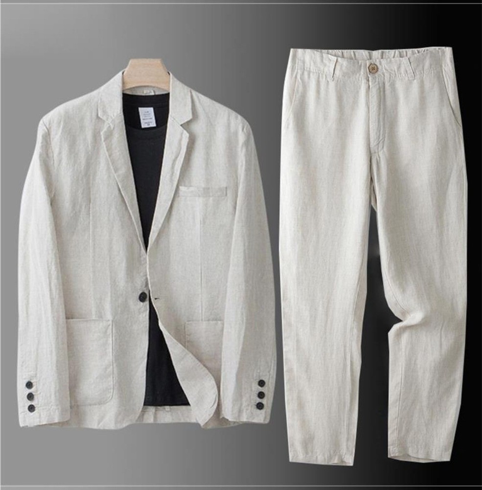 2 Pc Men Two Button Suit Summer Linen Causal Blazer Pants Coat Beach Jacket