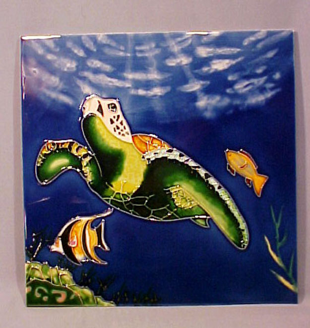 Ceramic 11" Tile Sea Turtle Underwater Scene - WOW!