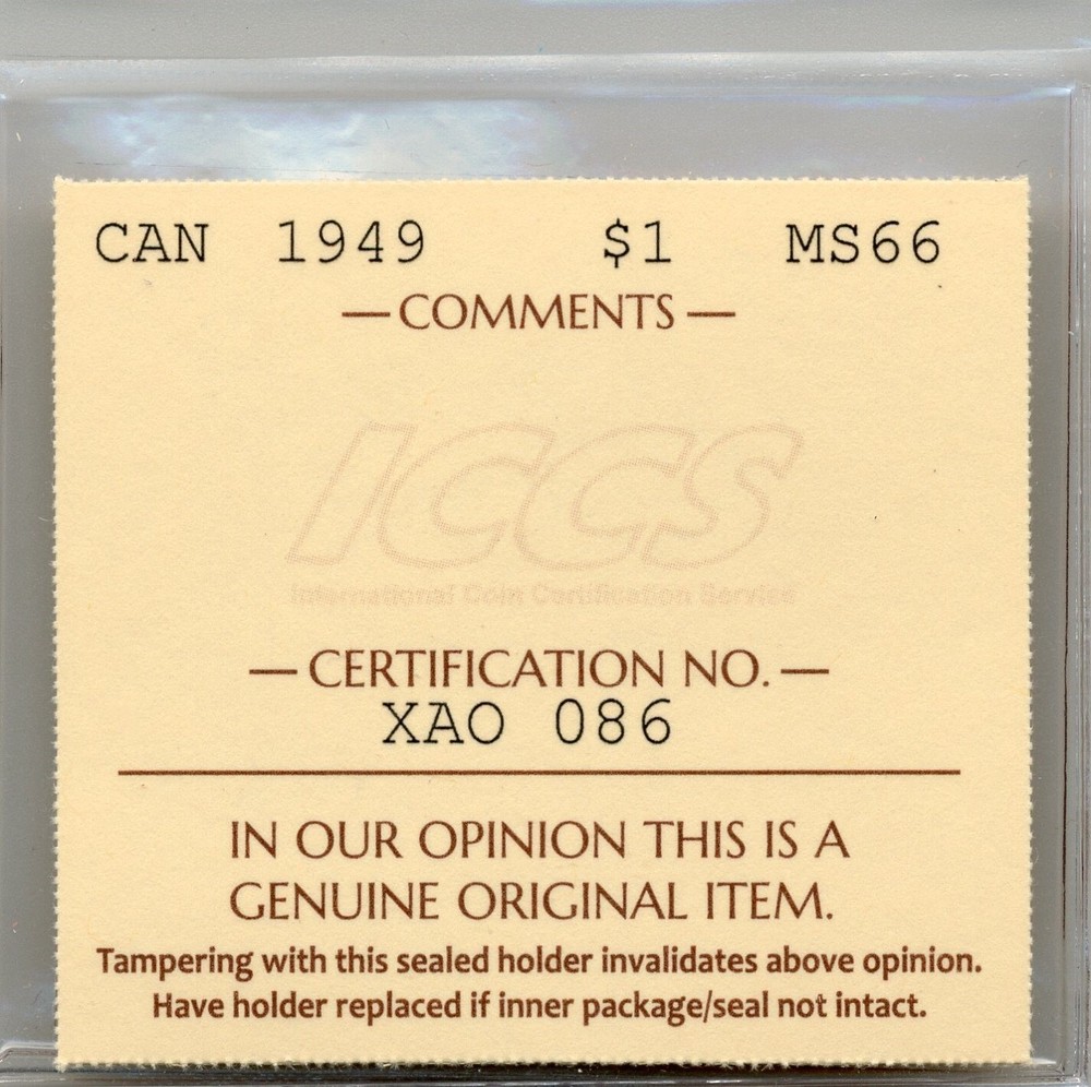 1949 Canada Silver Dollar - Gem Uncirculated, ICCS MS 66
