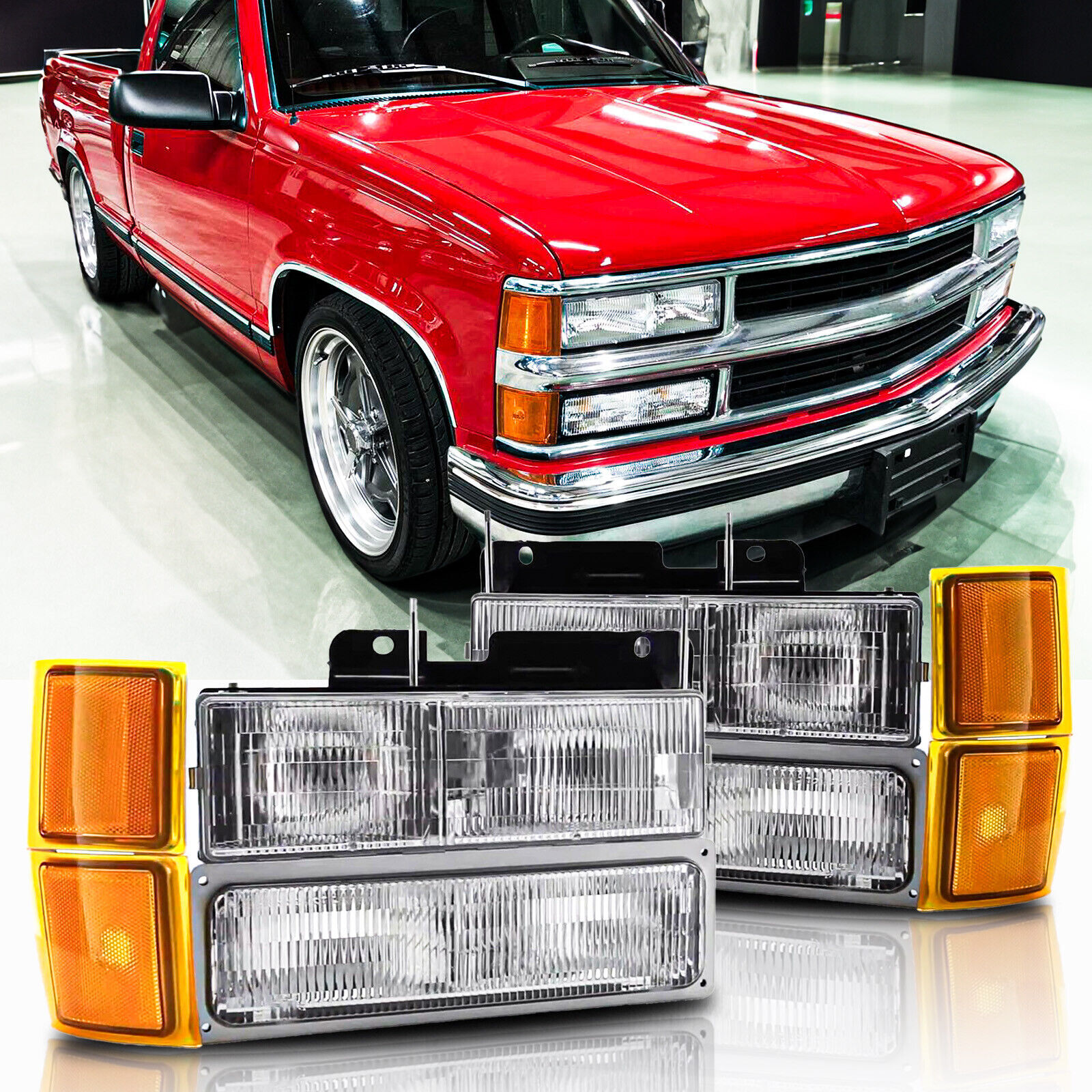 For 1994-1998 Chevy Silverado Headlights OBS C/K 1500 2500 3500 w/ Bumper Lamps