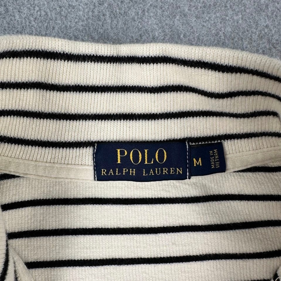 Polo Ralph Lauren Mens Medium Striped Quarter Zip Pullover Cotton Sweater Cream