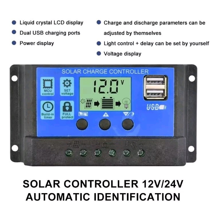 30A Solar Panel Charge Controller 12/24V Auto LCD Display Dual USB