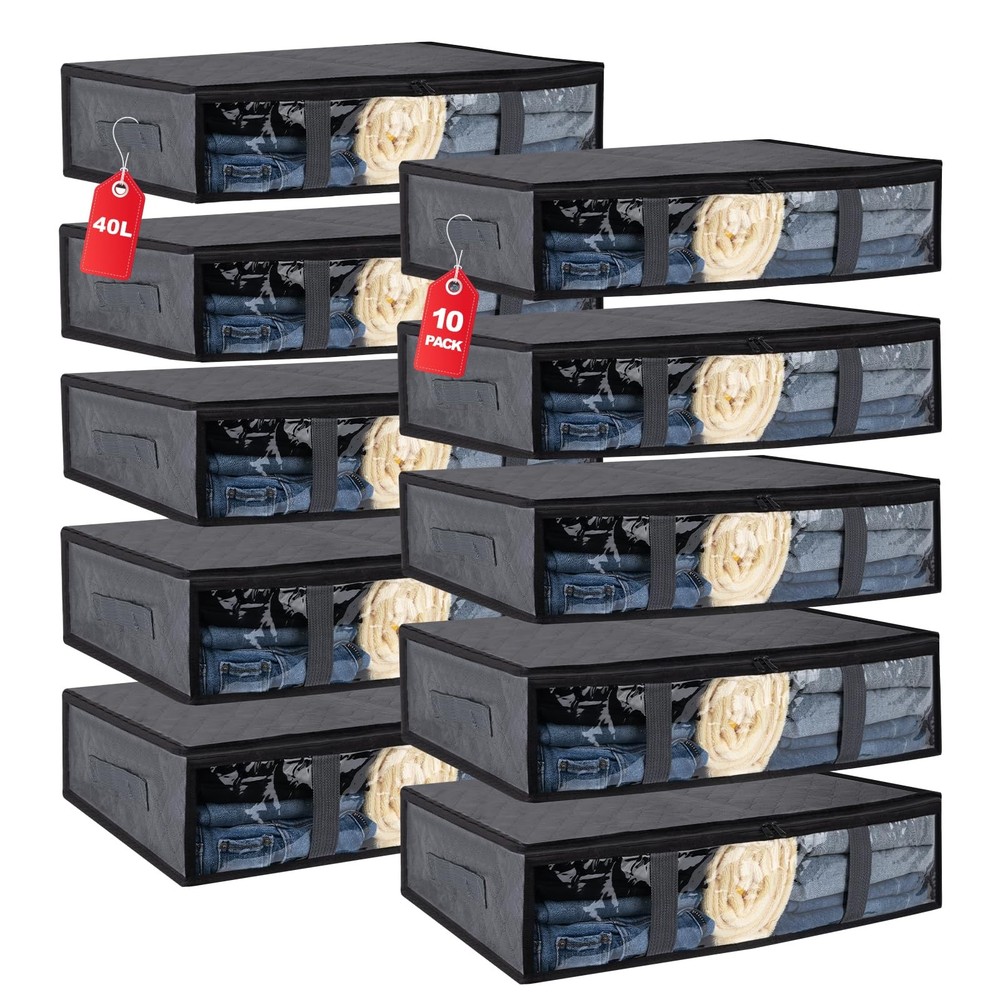 10 Pack Under Bed Storage Containers, Foldable, Clear Window, Handles, Bins