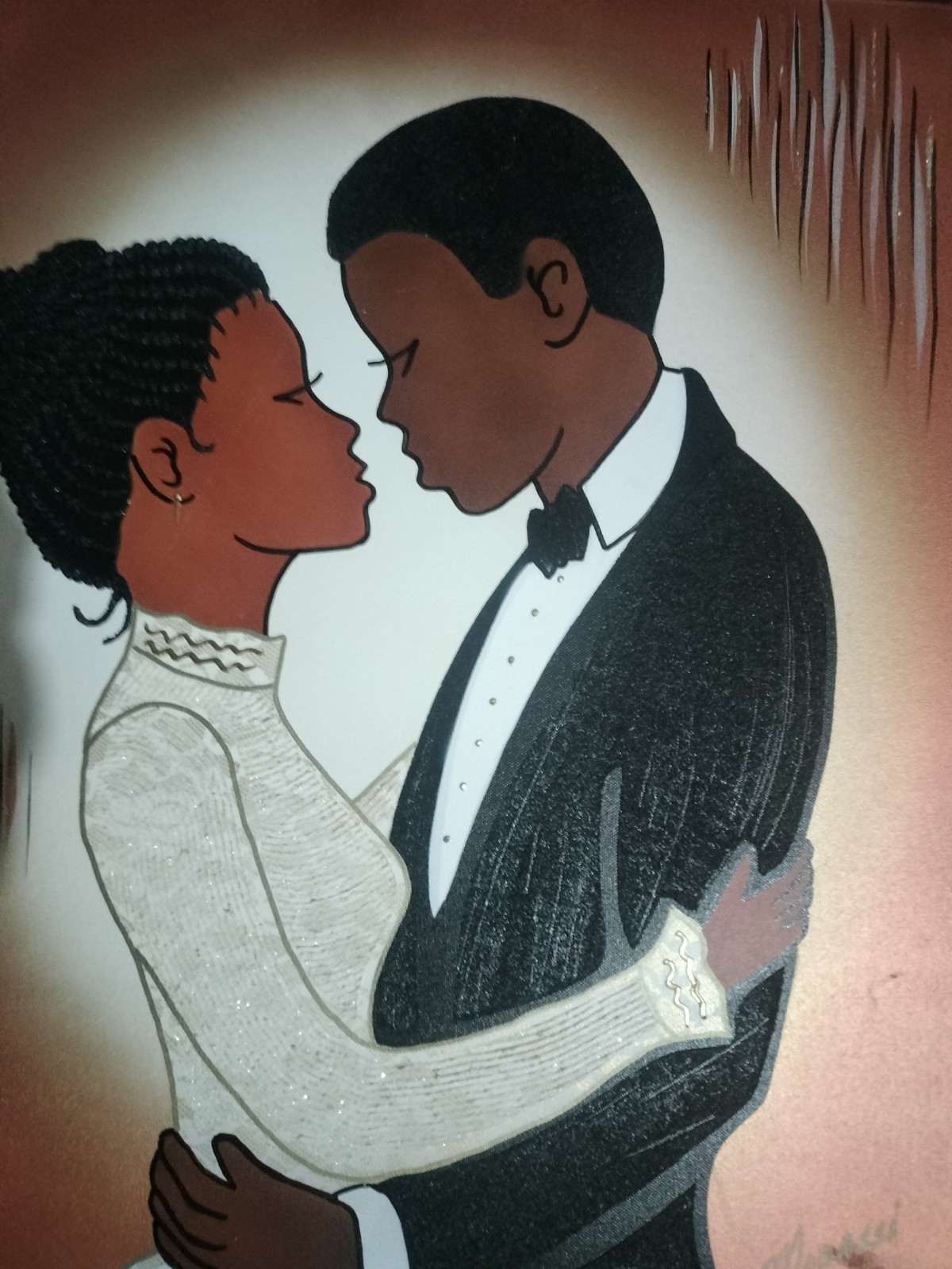 MOBASSI AFRICAN AMERICAN MAN AND WOMAN IN LOVE ORIGINAL OIL ON CANVAS PAINTING