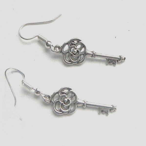 1 1/4" KEY CHARM Dangle Silver Tone EARRINGS HOOKS