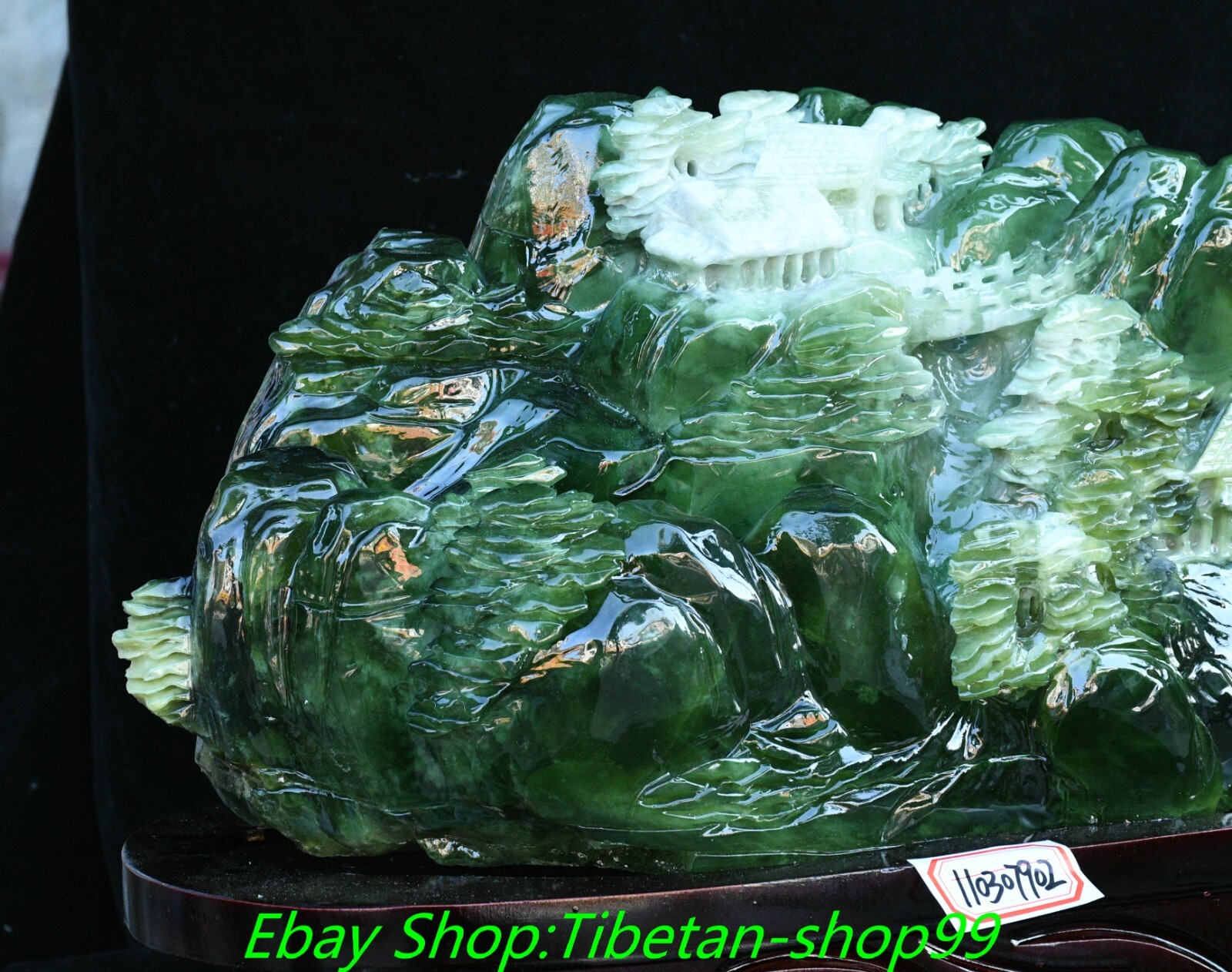 17.3'' Natural Xiu Green Jade Carving Mountain Tree House Shanzi Sculpture