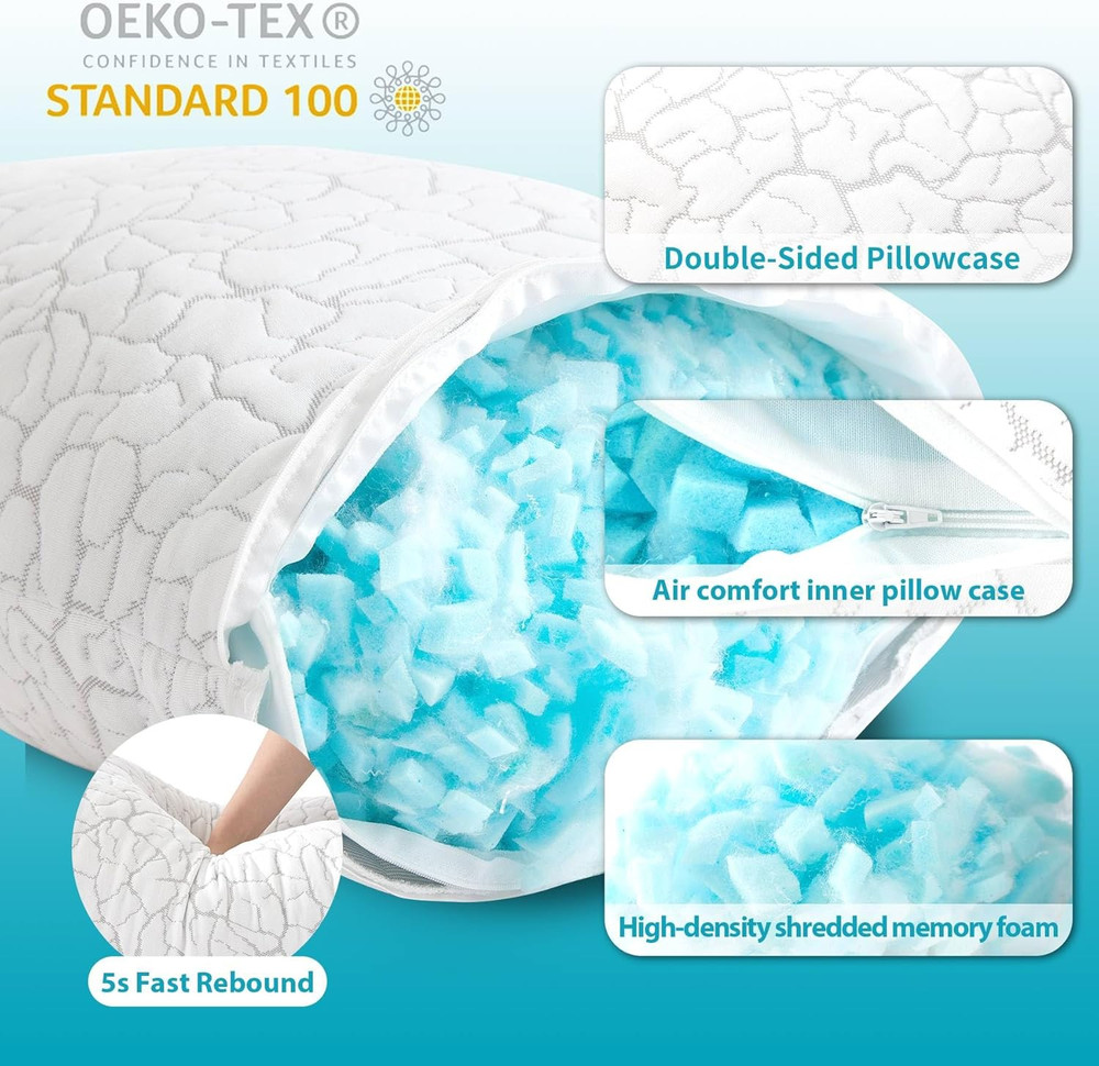 Shredded Memory Foam Pillows Queen Size 2 Pack Cooling Adjustable Firm Support