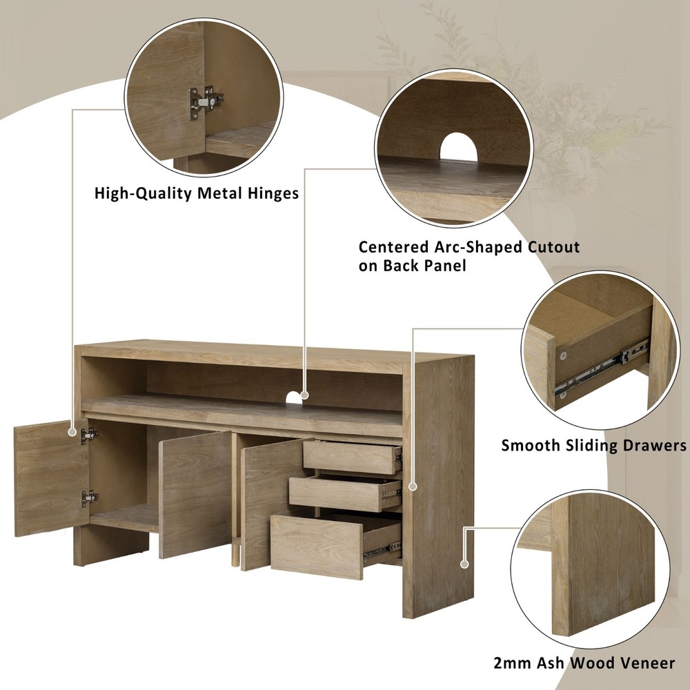 Modern Solid Wood Sideboard Storage Cabinet Console Table With 3 Doors 3 Drawers