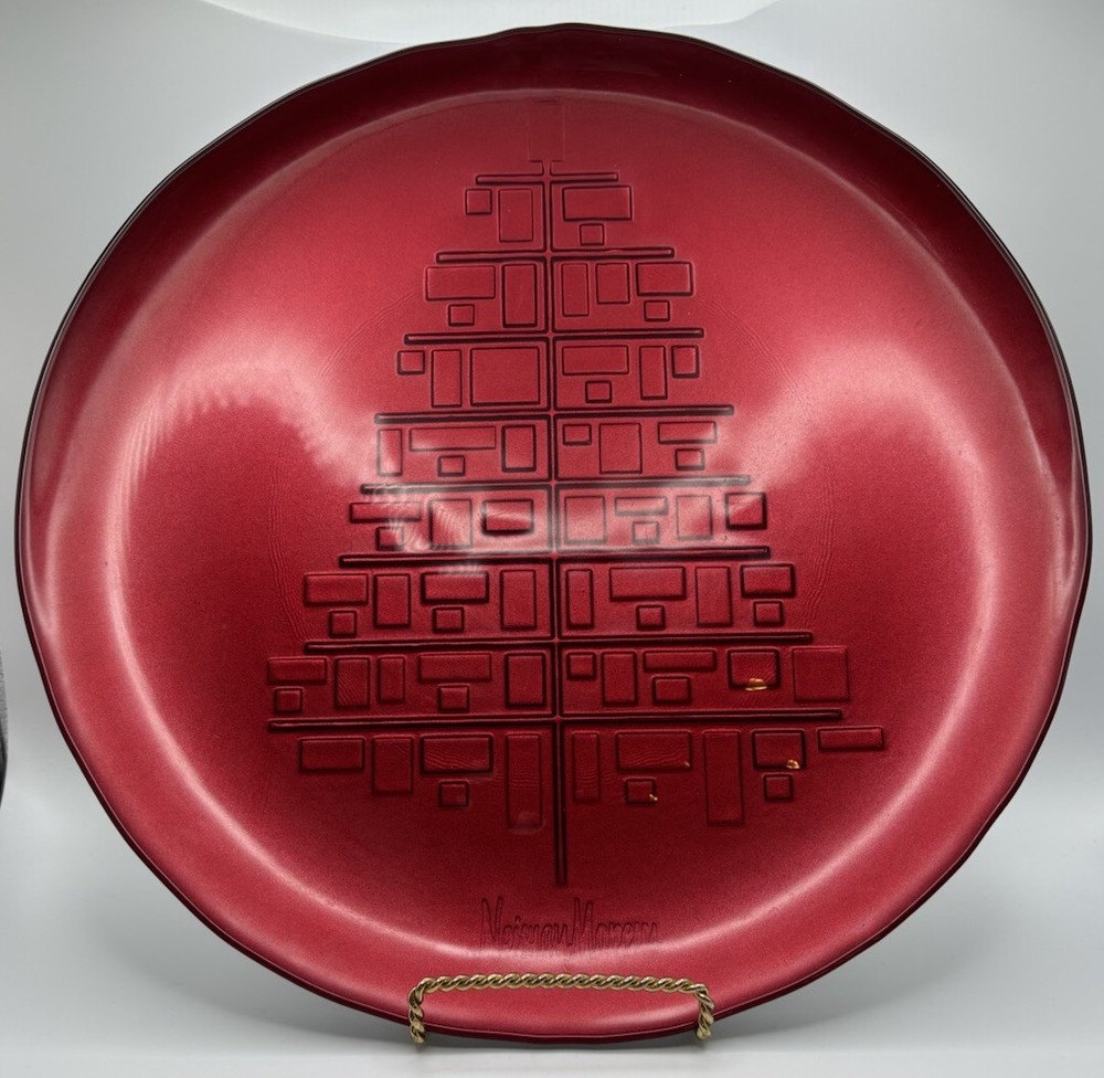 Neiman Marcus Red Christmas Platter With Imprinted Tree
