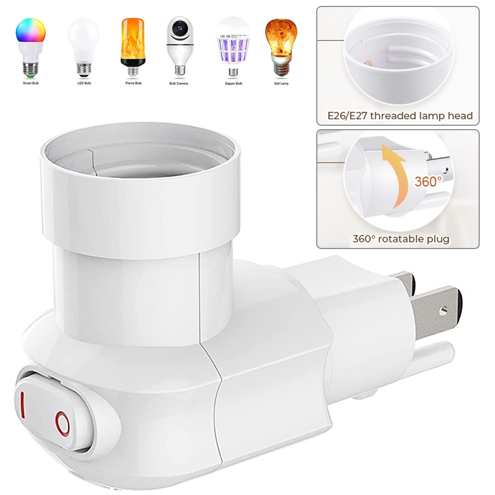2Pcs 3-Prong Outlet to E26 E27 Plug in Light Bulb Socket with On/Off Switch Base