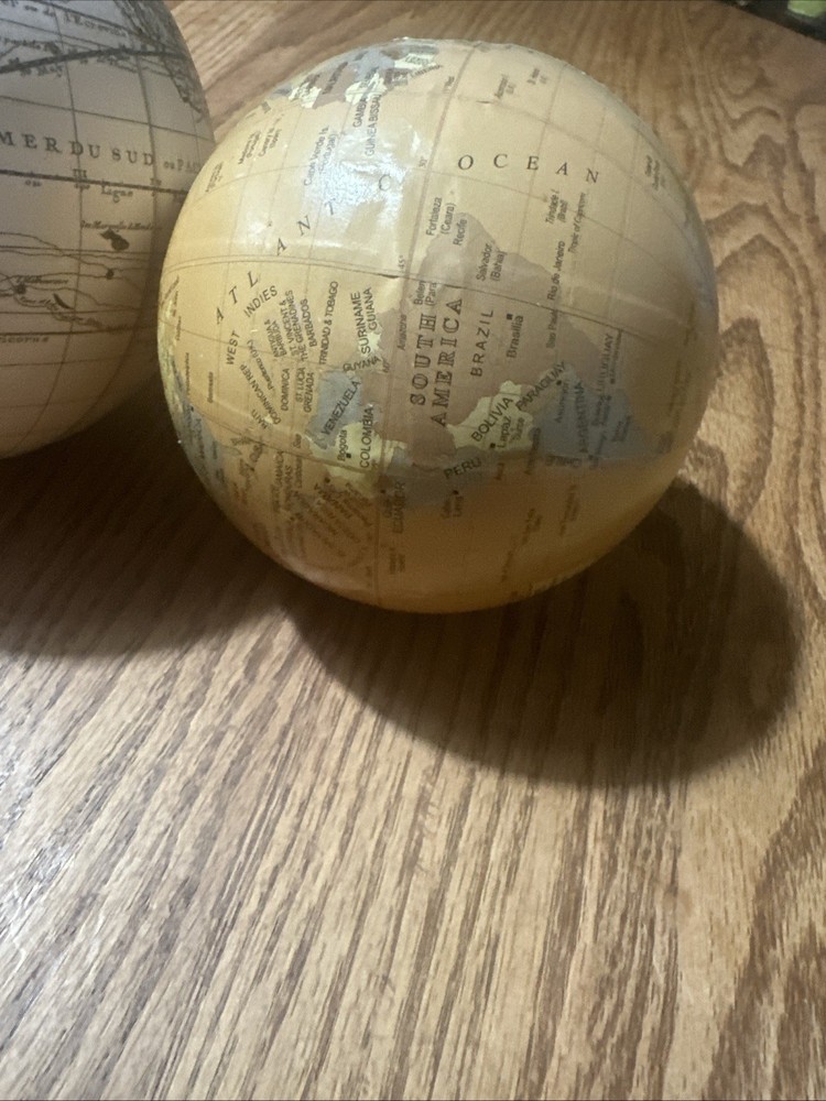 2 Vtg World Globes French Tan White Small Medium