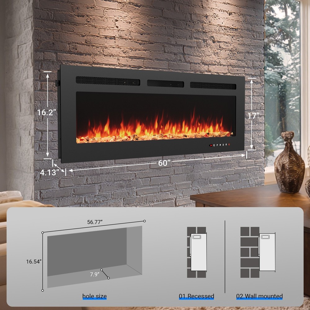 60'' Electric Fireplace Wall Mounted Heater with Remote/Adjustable Flame/Timer