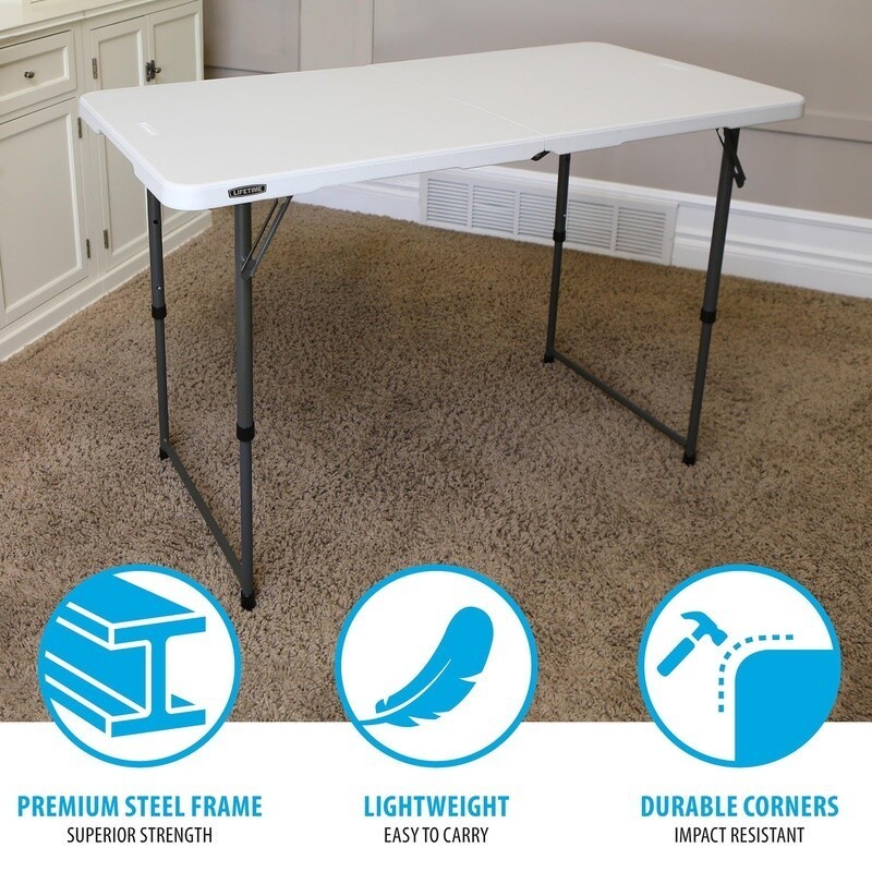 Foldable Adjustable Height Table Portable Indoor Outdoor Sturdy Frame 4ft Table