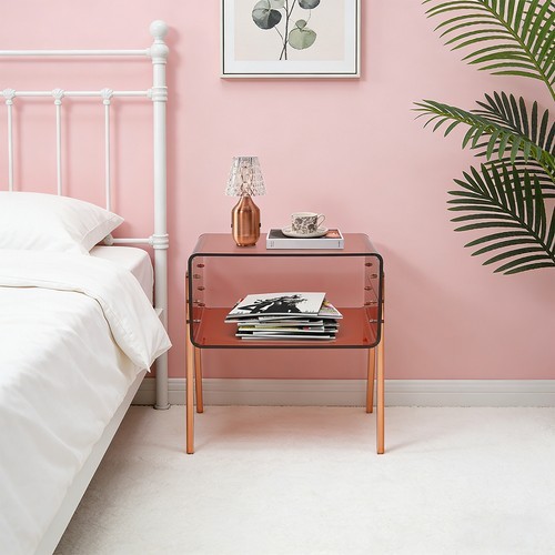 Acrylic Side Table Brown Double Shelf Open Storage End Table For Living Room
