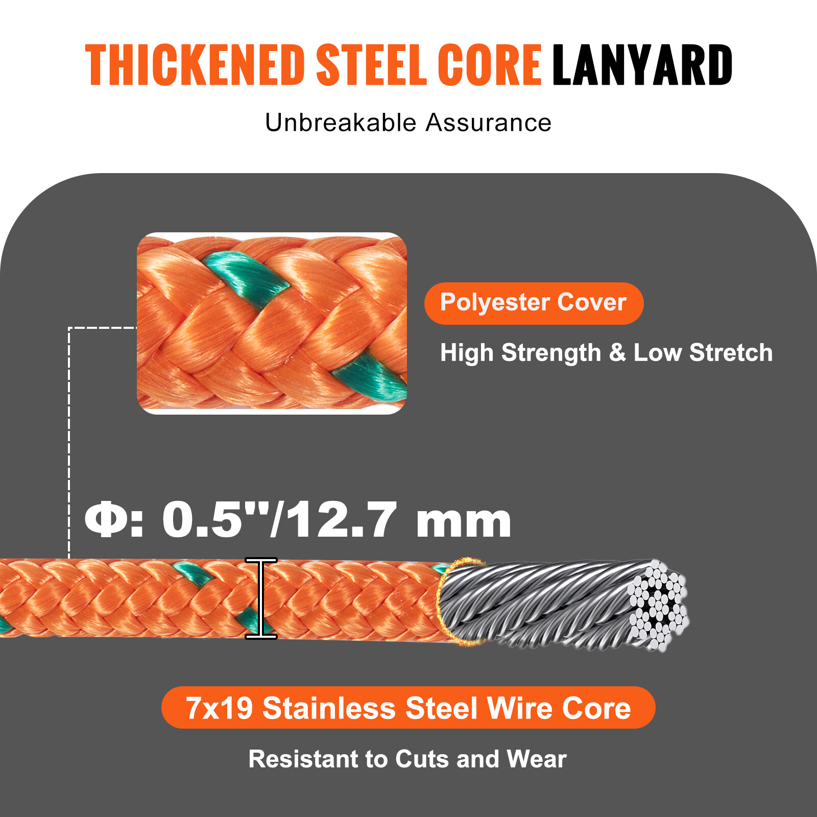 VEVOR Steel Core flipline 1/2" x 8' Arborist Flipline for Tree Climbing