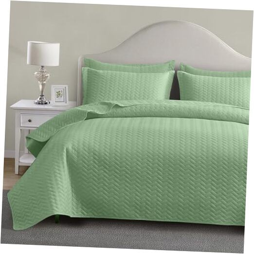 Quilt Set King, Lightweight Mint Green Bedspread Ultrasonic Chevron Pattern