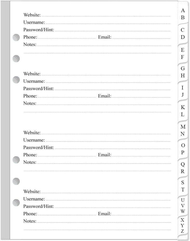 Password Book Refills for A5 Binder - A-Z Password Notebook Refill Paper with...
