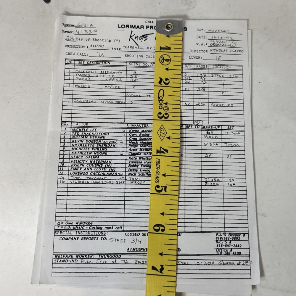 Knots Landing Mini Call Sheet & Partial Script 1992 Final Season - Used On Set